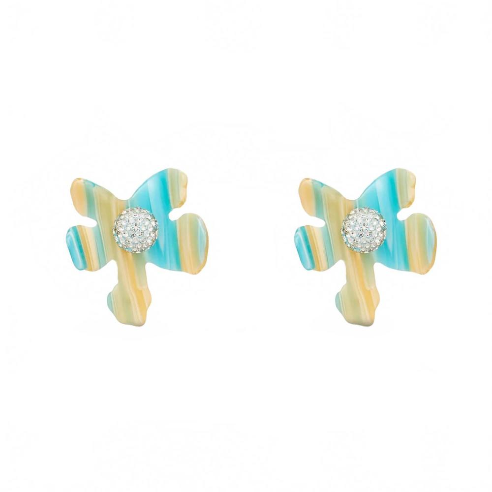 Lele Sadoughi Aqua and Cream Acrylic Flower Stud Earrings with Crystal Pavé